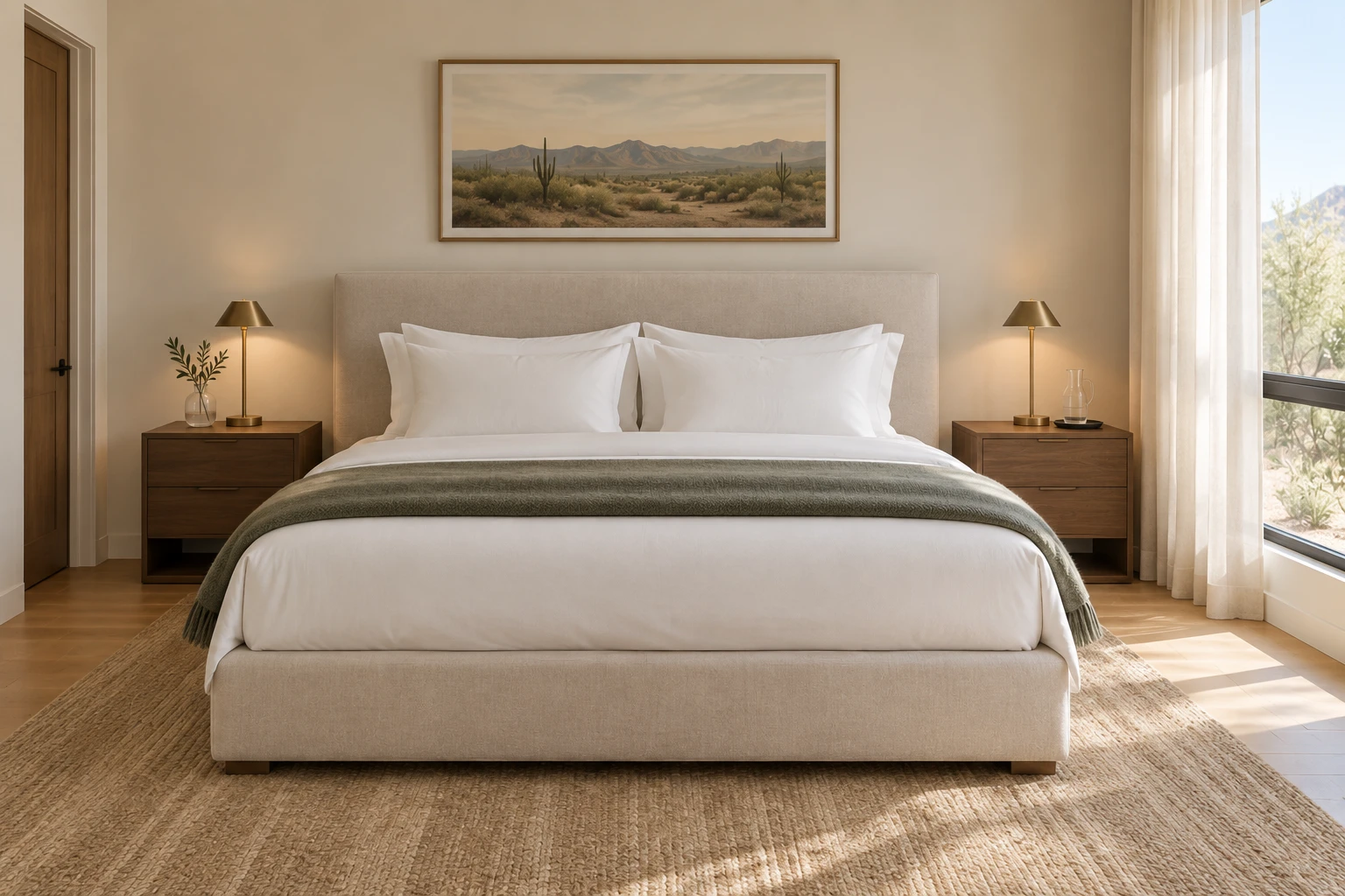Guest bedroom with crisp white bedding, matching nightstands and a jute rug