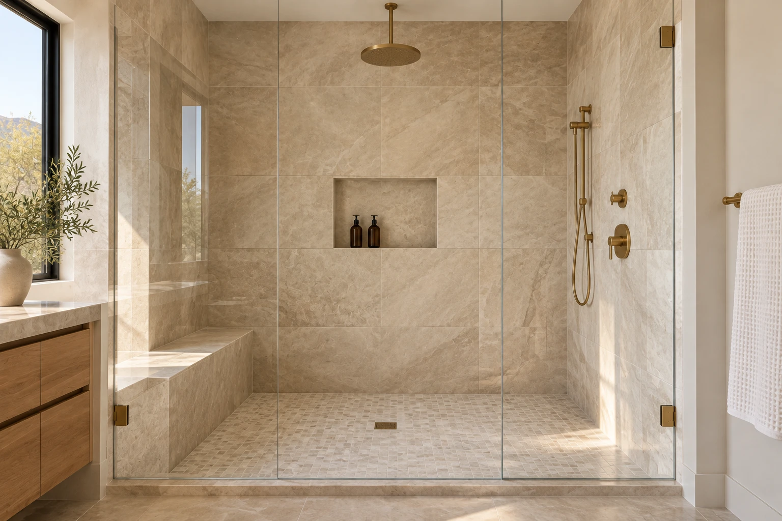 Walk-in shower with limestone walls, a mosaic floor and clear frameless glass